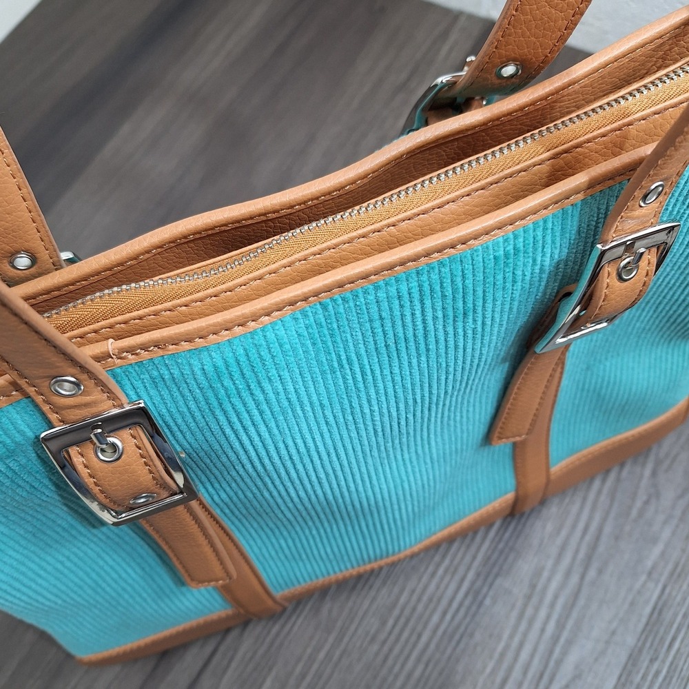 Bath & Body Works Teal Corduroy Tan Faux Leather Tote Shoulder Bag Buckle Accent - Picture 4 of 15